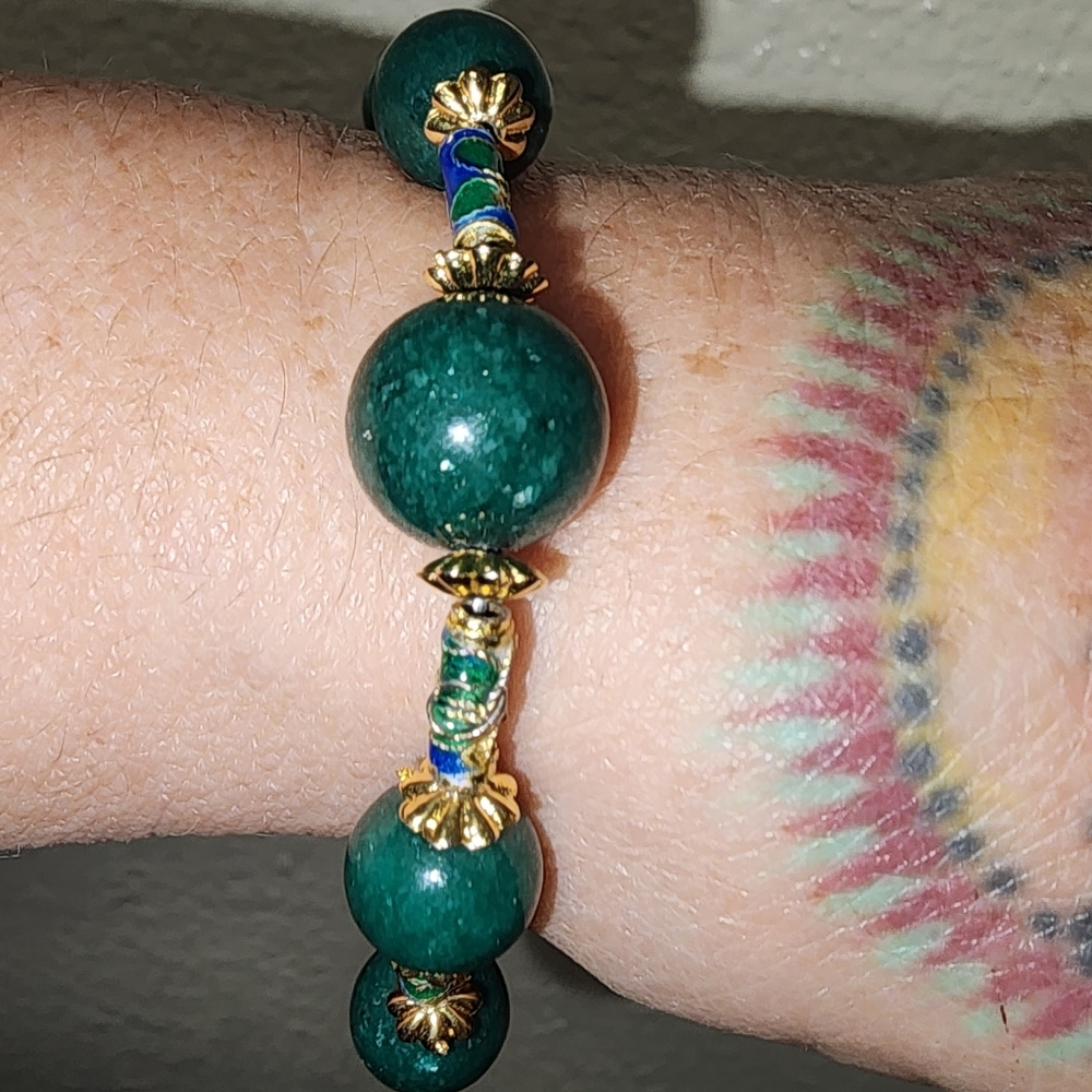 Nephrite and Cloisonne Goldtone Beaded Bracelet - Picture 8 of 11